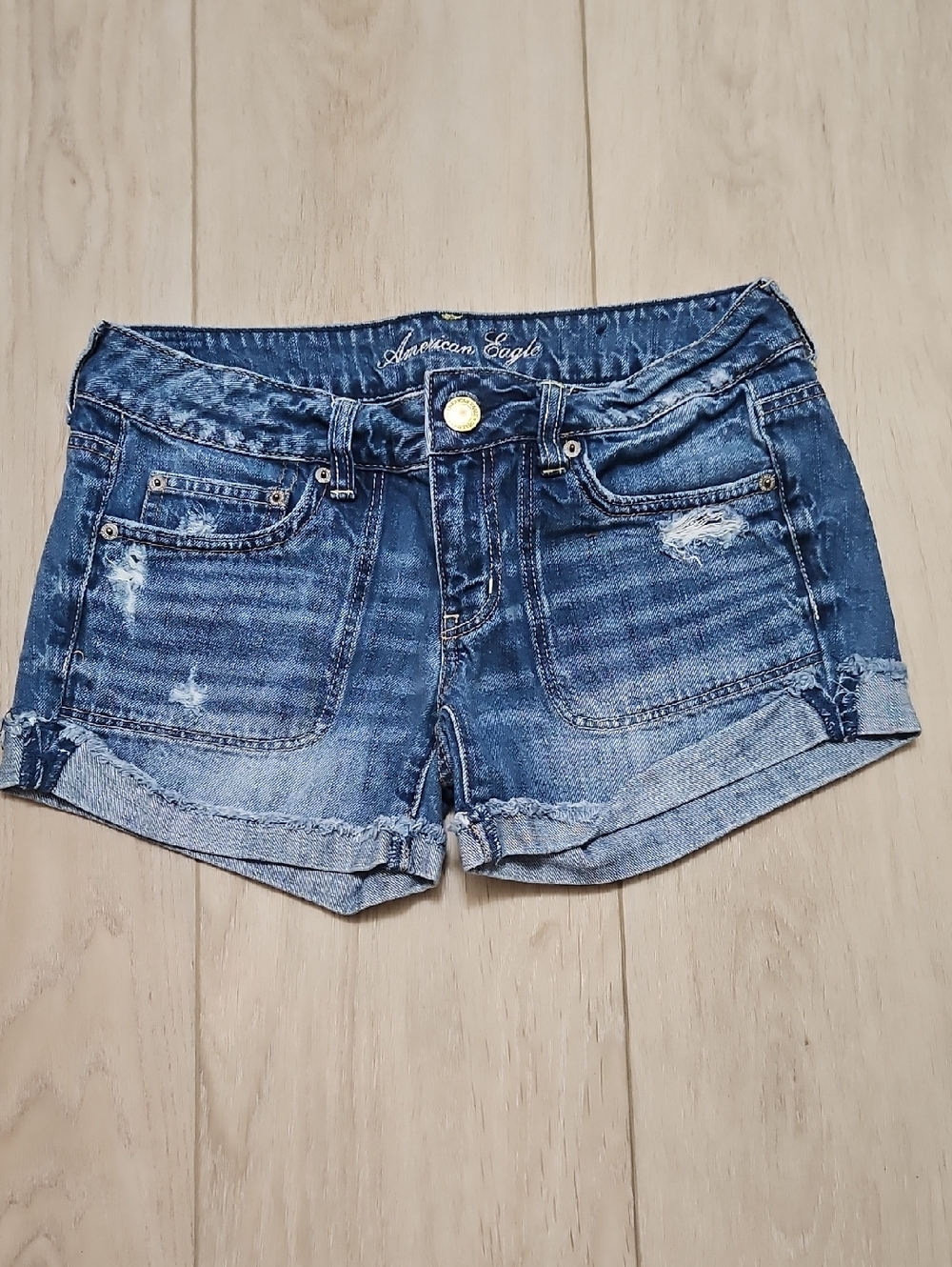 American Eagle Outfitters Blue Distressed Denim Roll-Cuff Shorts